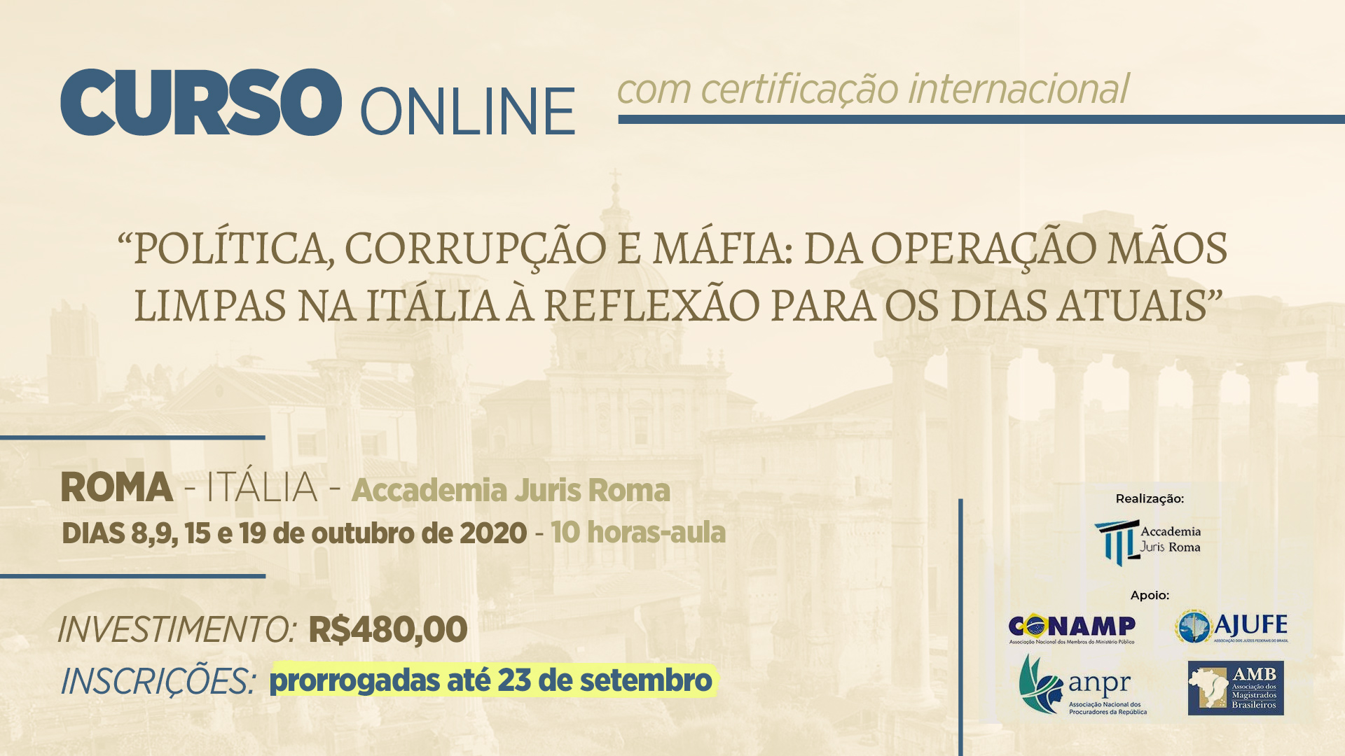 Restam nove bolsas para curso ANPR e Juris Roma: inscrições até quarta (23)