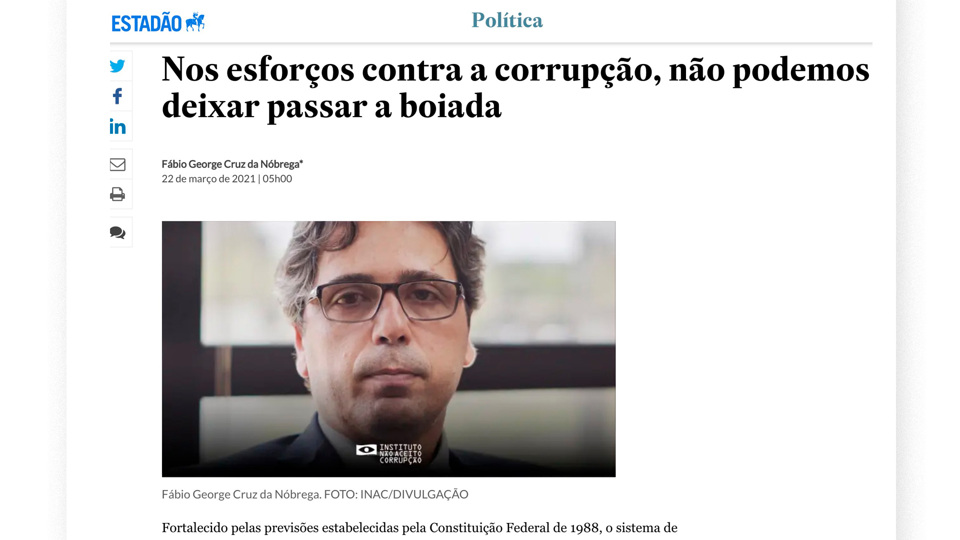 Em artigo, Fábio George critica retrocessos no combate à corrupção
