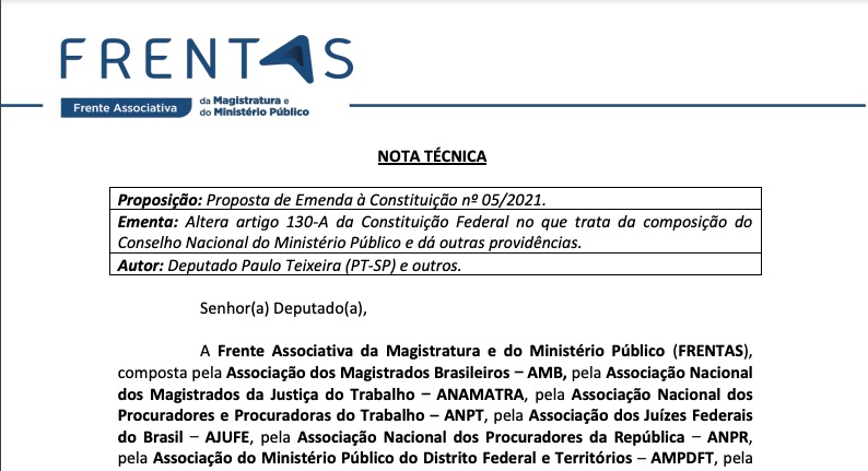 Frentas publica nota técnica sobre PEC que altera composição do CNMP