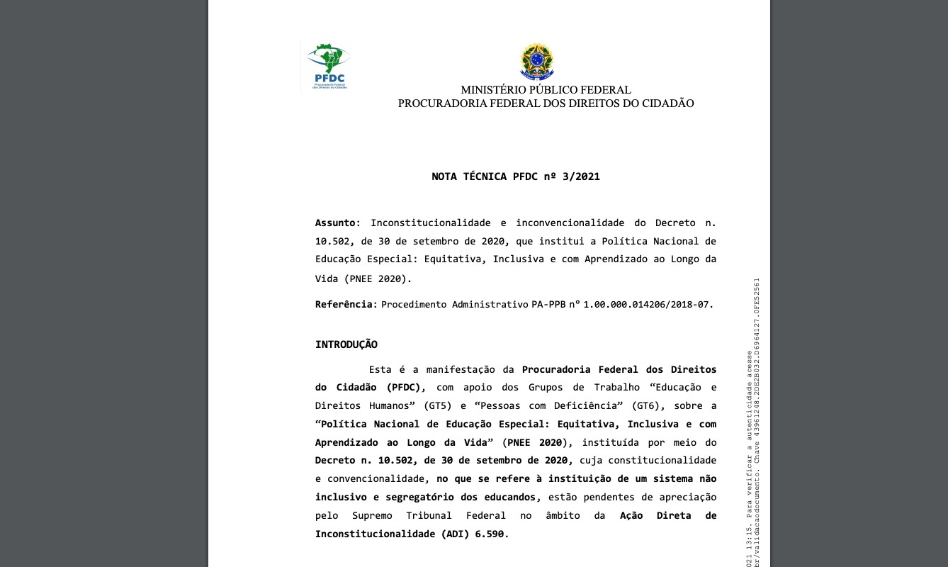 PFDC aponta inconstitucionalidade em política de educação especial