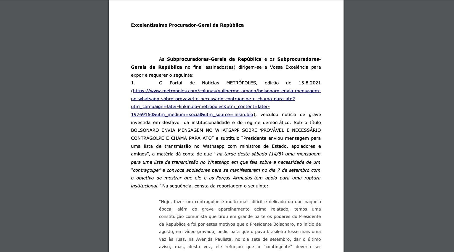 Subprocuradores pedem que mensagens de Bolsonaro sejam investigadas pela PGR