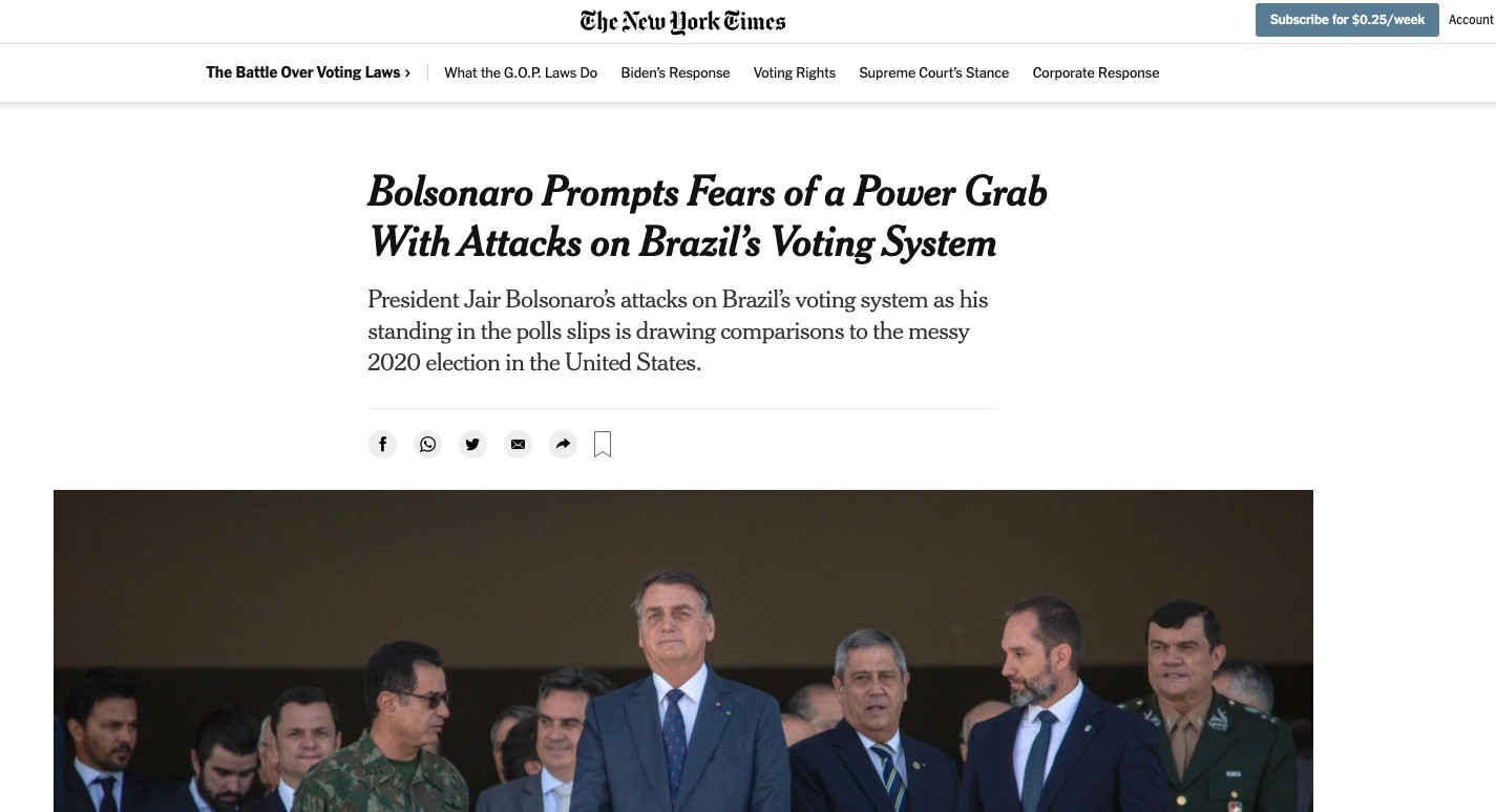 New York Times ressalta defesa da urna eletrônica por ex-procuradores gerais eleitorais