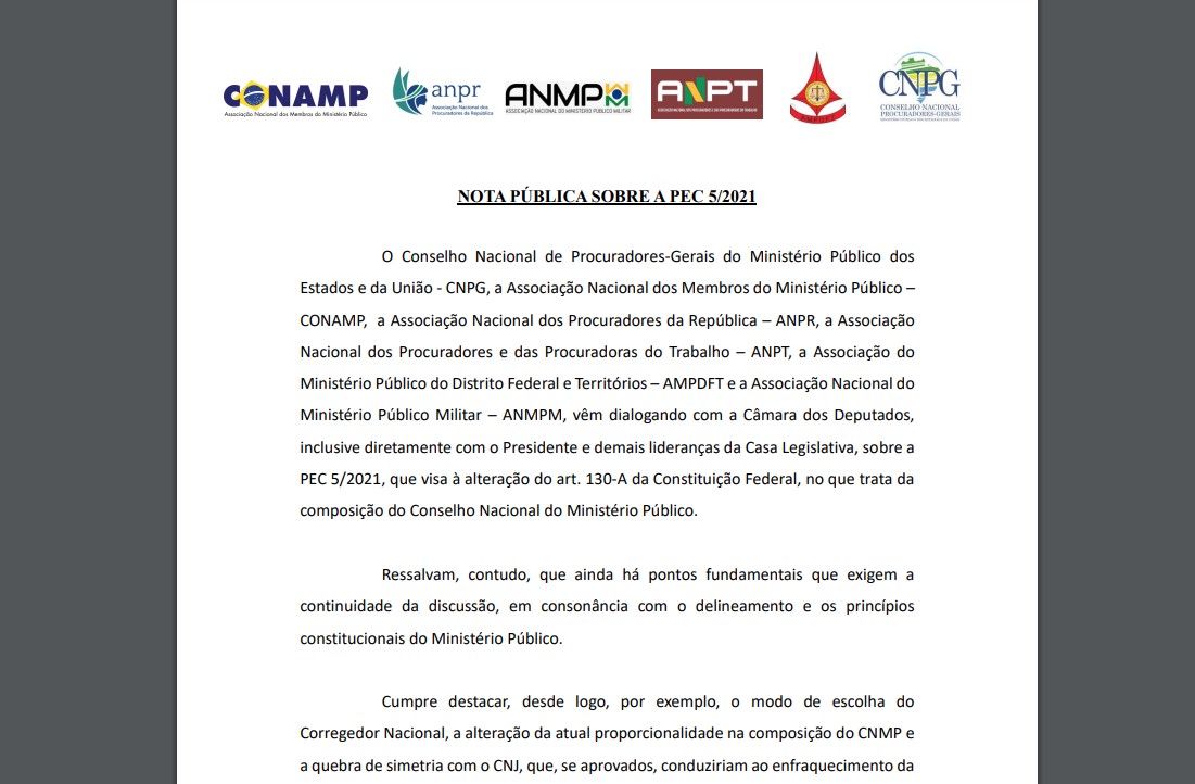 Entidades do MP publicam nota conjunta sobre a PEC 5/2021