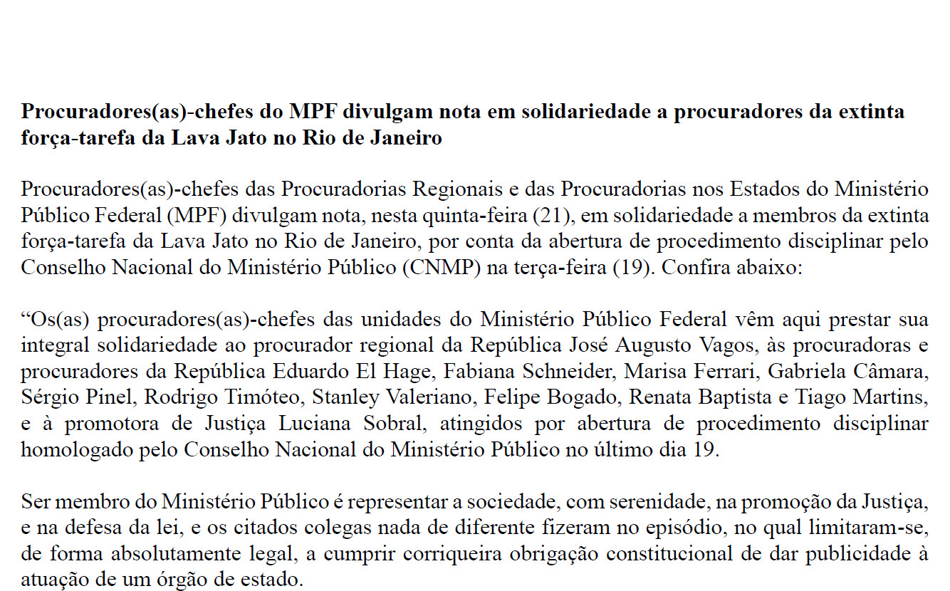 Procuradores-chefes publicam desagravo a ex-membros da Lava Jato-RJ
