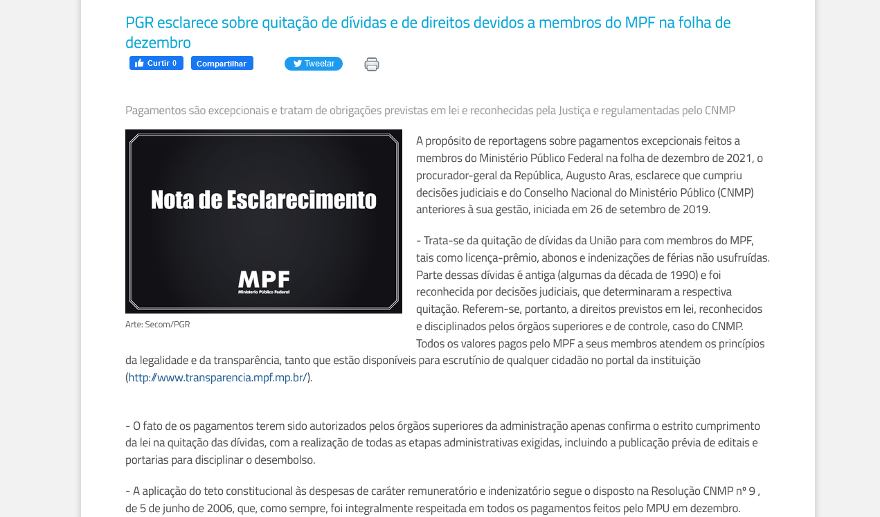 PGR publica nota de esclarecimento sobre pagamentos feitos em dezembro